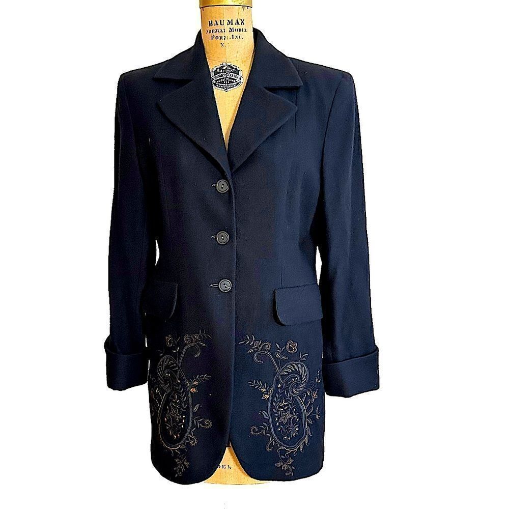 Script black long line wool blazer with copper embroidery detail